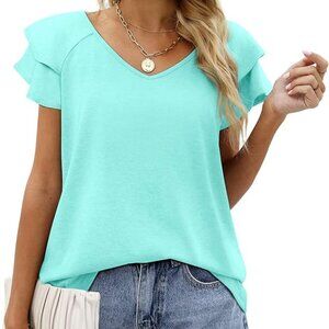 Ruffle Short Sleeve V Neck T-Shirt